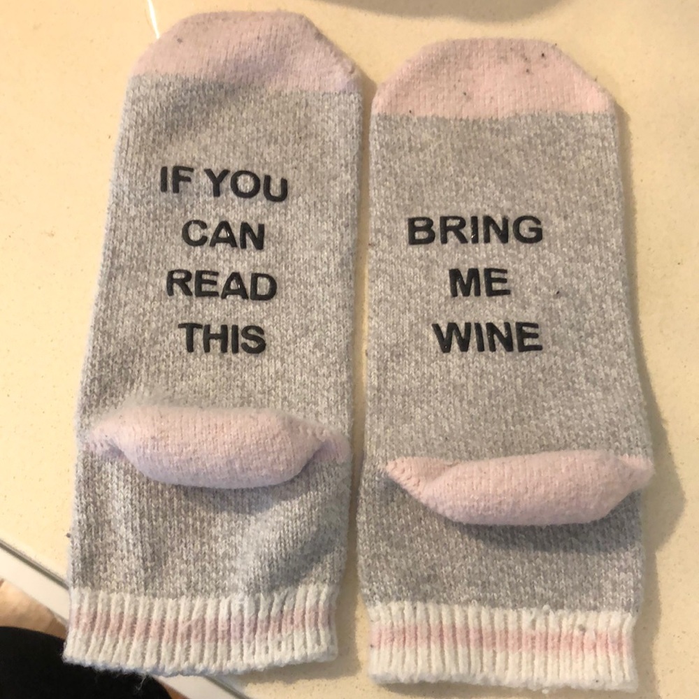 5 for $25. Womens shoe size 10, silly “if you can read this bring me wine” socks
